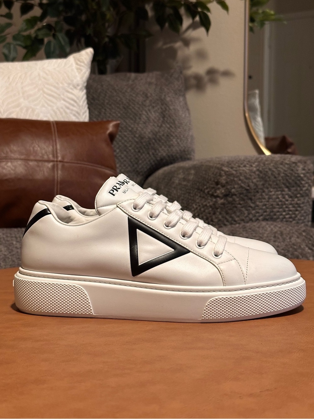 Prada Milano Triangle Logo White Black Leather Platform Sneakers EU 39.5 US 9.5